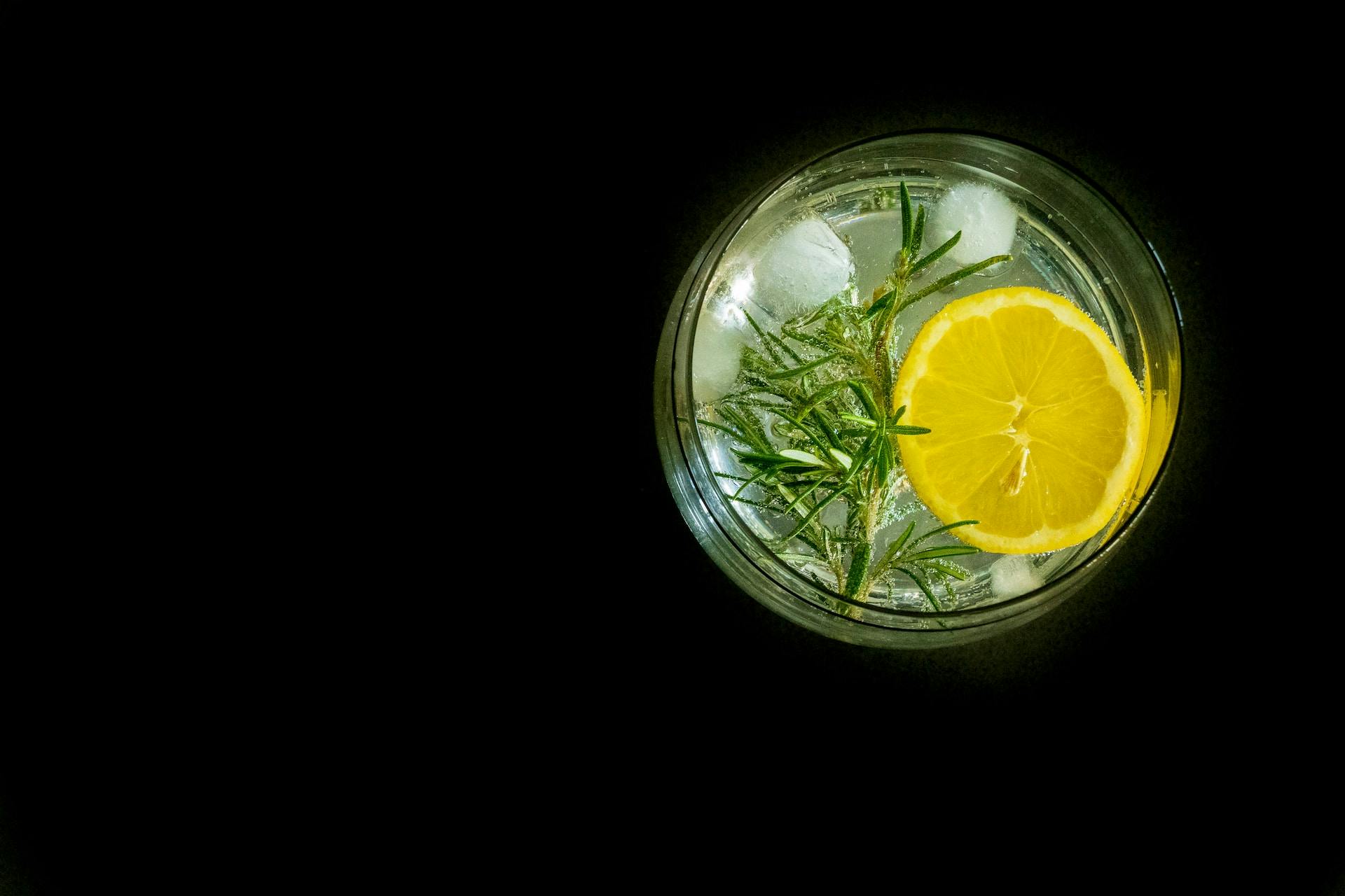 Glas mit klarer Flüssigkeit, Zitrone und Rosmarin