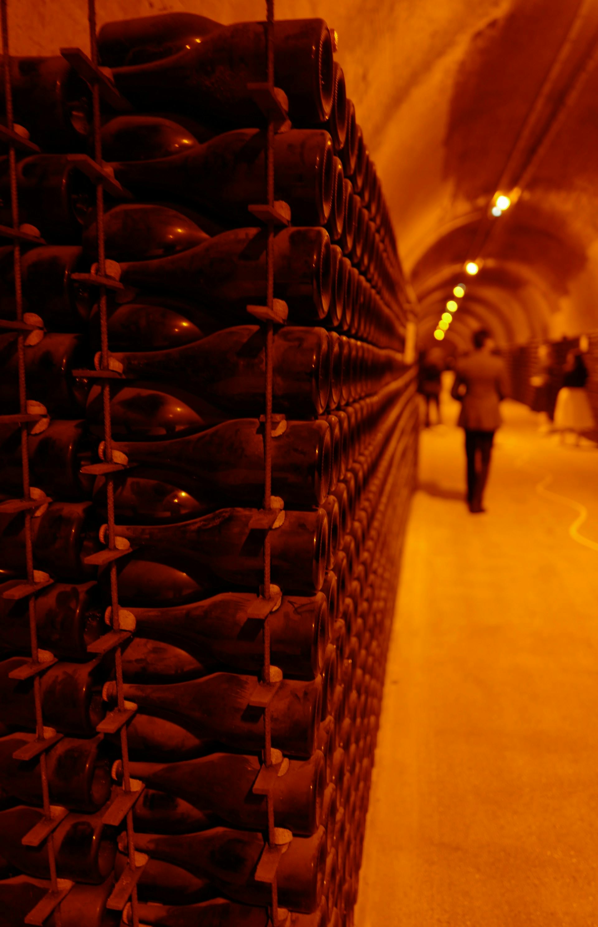 Langer Keller, auf der linken Seite stehen Regale mit Weinflaschen